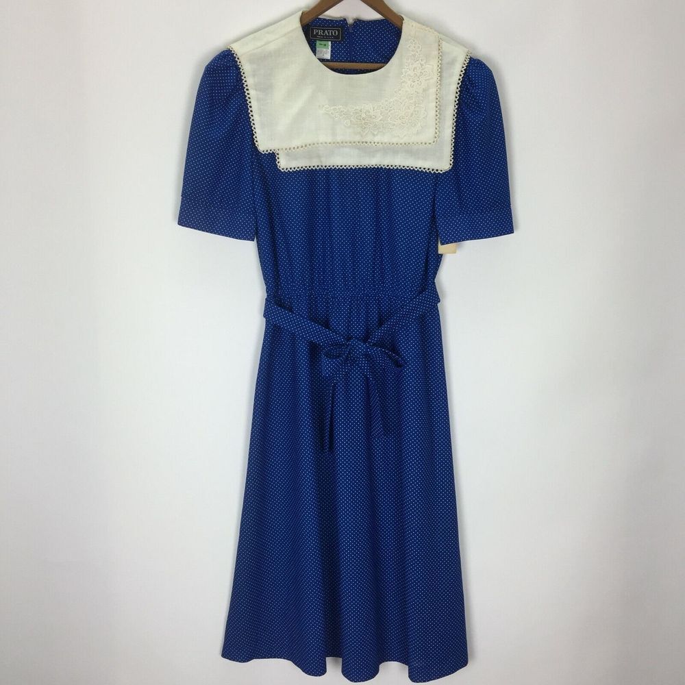 Vintage 80s Dress Size 10 Medium Crochet Yolk Collar Polka Dot Belted USA New